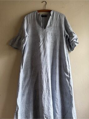 Eva’s Sunday Pale Blue Linen-Blend Midi Dress with Ruffle Sleeves